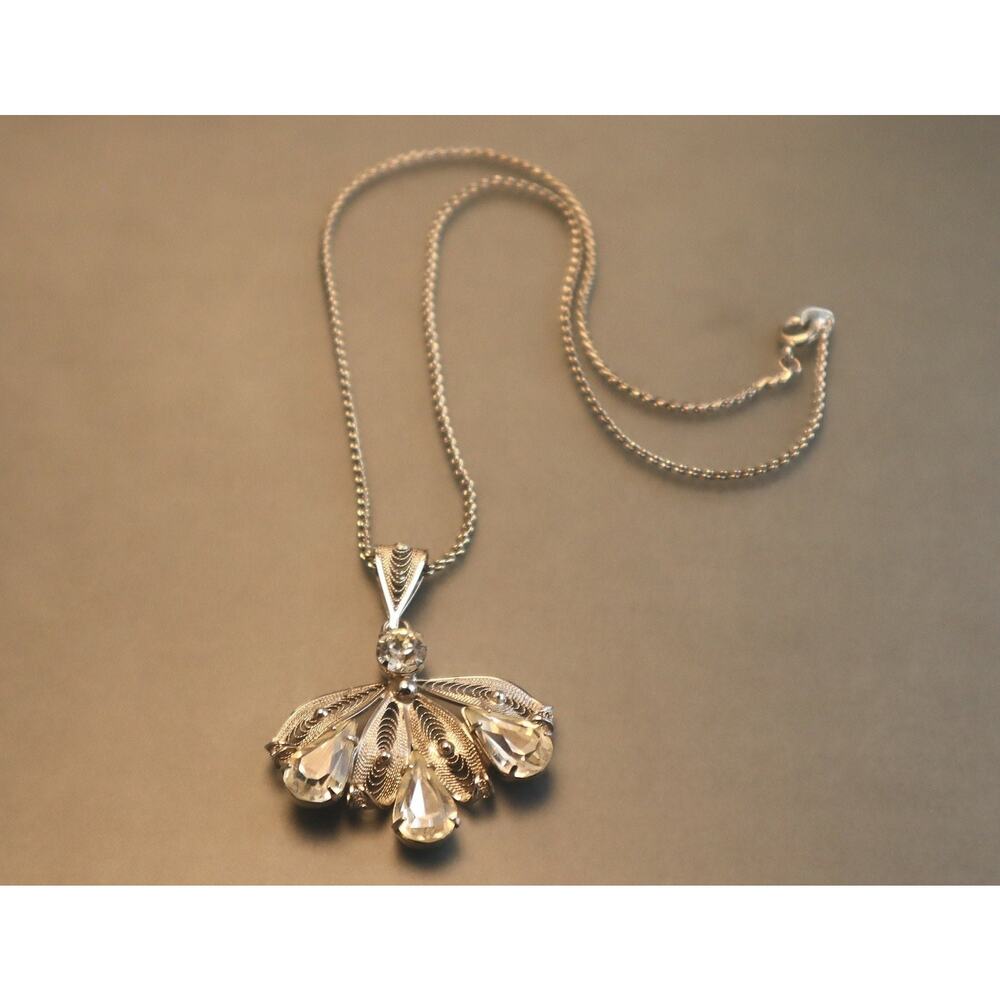 Sterling Rhinestone Filigree Pendant Necklace Marked Cameo